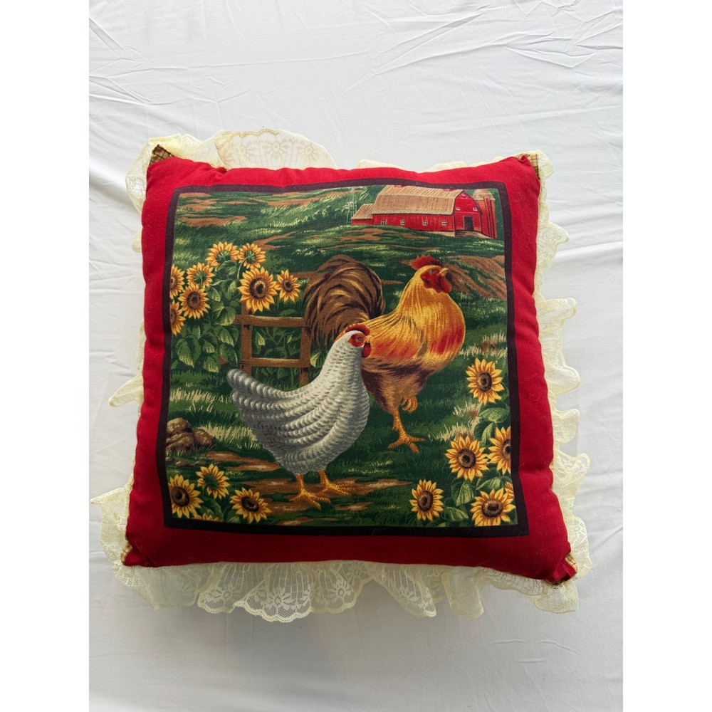 Farmhouse Rooster Sunflower Throw Pillow Lace Trim Barn Country Decor 2 sided